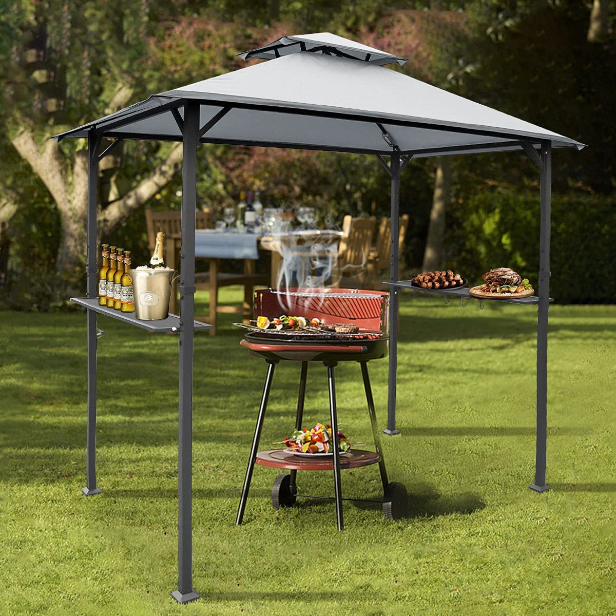 Warmally 8'x5' Grill Gazebo BBQ Patio Shelter Canopy for Outdoor Barbecue Tent Available at Night Light Gray