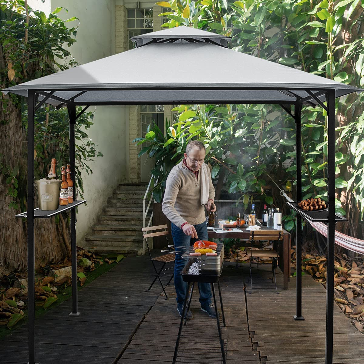 Warmally 8'x5' Grill Gazebo BBQ Patio Shelter Canopy for Outdoor Barbecue Tent Available at Night Light Gray