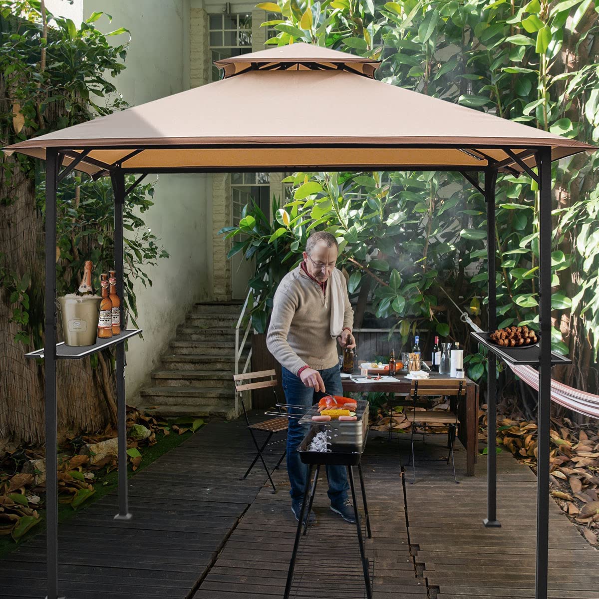 Warmally 8'x5' Grill Gazebo BBQ Patio Shelter Canopy for Outdoor Barbecue Tent Hooks Can Hang Lights