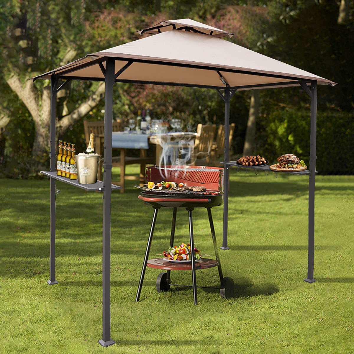 Warmally 8'x5' Grill Gazebo BBQ Patio Shelter Canopy for Outdoor Barbecue Tent Hooks Can Hang Lights