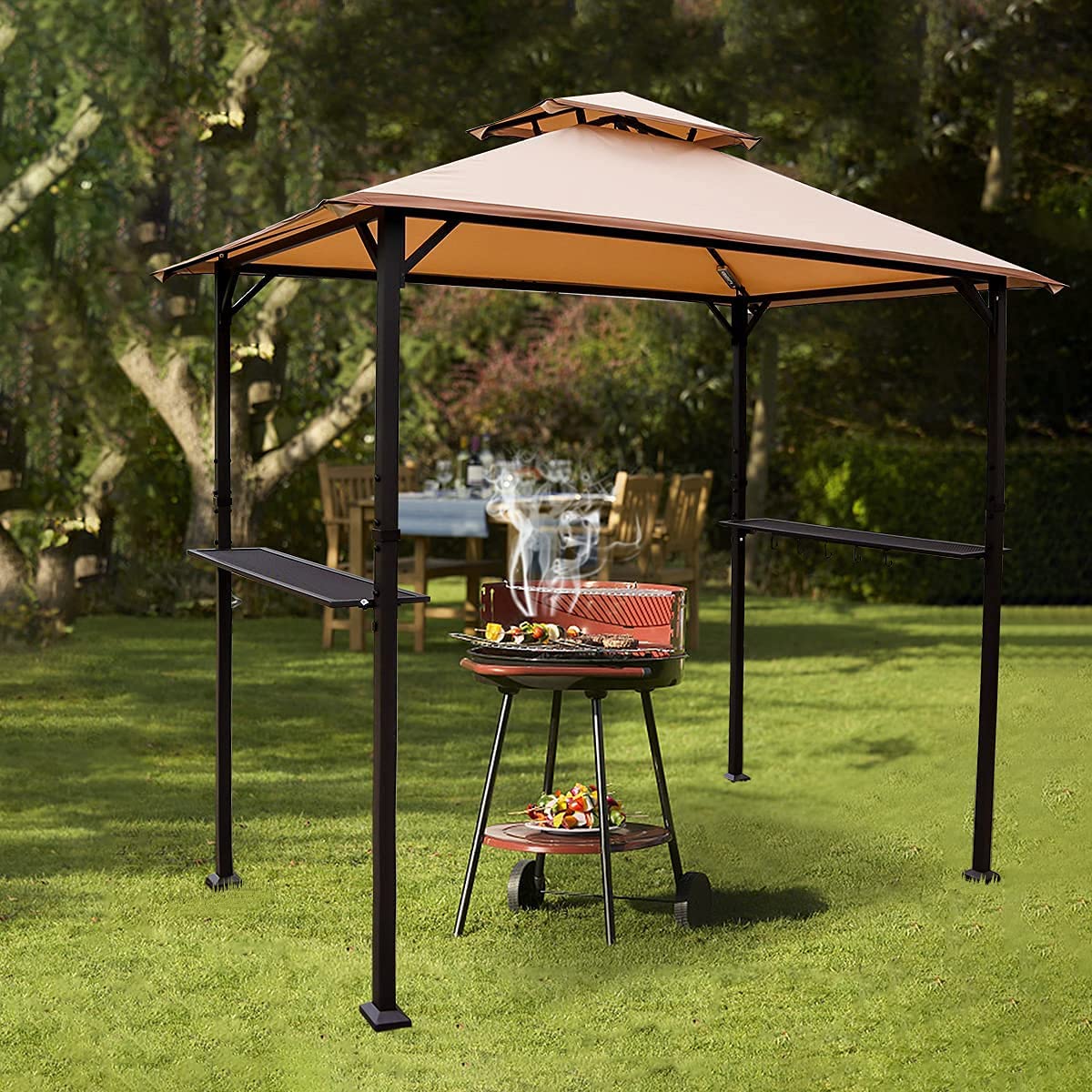 Warmally 8'x5' Grill Gazebo BBQ Patio Shelter Canopy for Outdoor Barbecue Tent Available at Night Beige