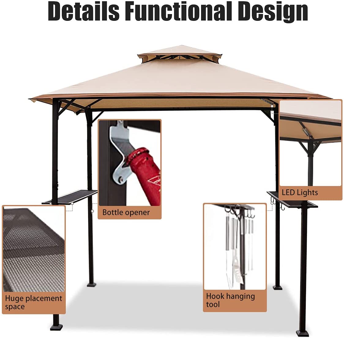 Warmally 8'x5' Grill Gazebo BBQ Patio Shelter Canopy for Outdoor Barbecue Tent Hooks Can Hang Lights