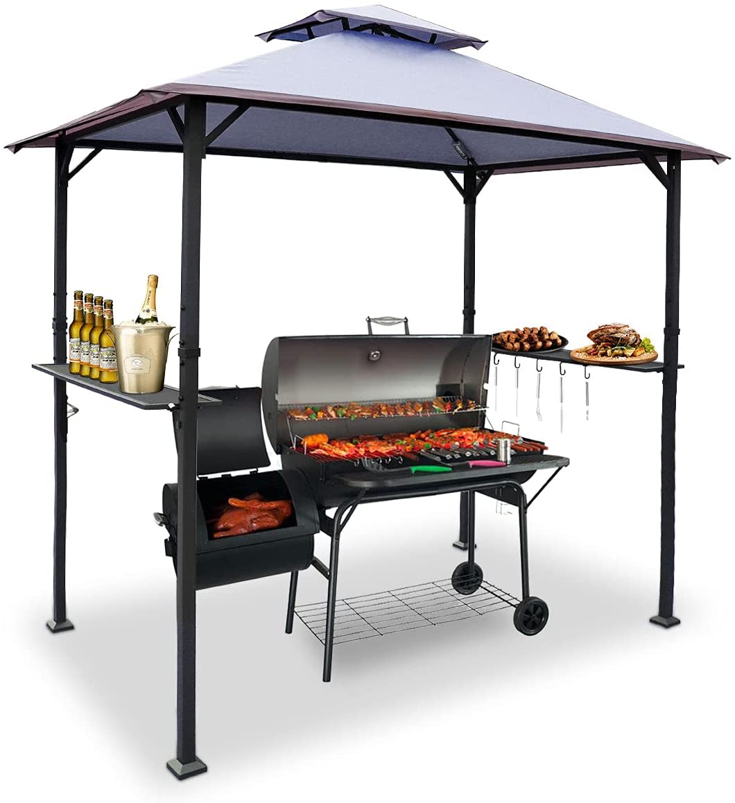Warmally 8'x5' Grill Gazebo BBQ Patio Shelter Canopy for Outdoor Barbecue Tent Available at Night Dark Grey