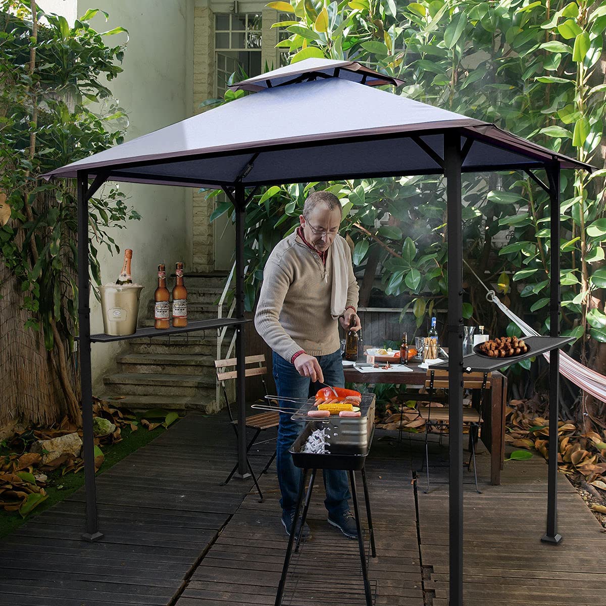 Warmally 8'x5' Grill Gazebo BBQ Patio Shelter Canopy for Outdoor Barbecue Tent Available at Night Dark Grey