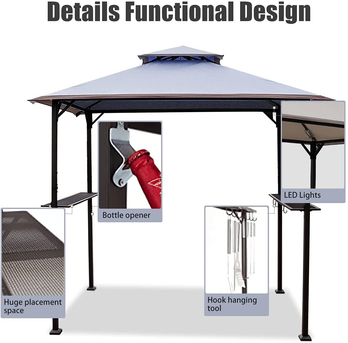 Warmally 8'x5' Grill Gazebo BBQ Patio Shelter Canopy for Outdoor Barbecue Tent Available at Night Dark Grey