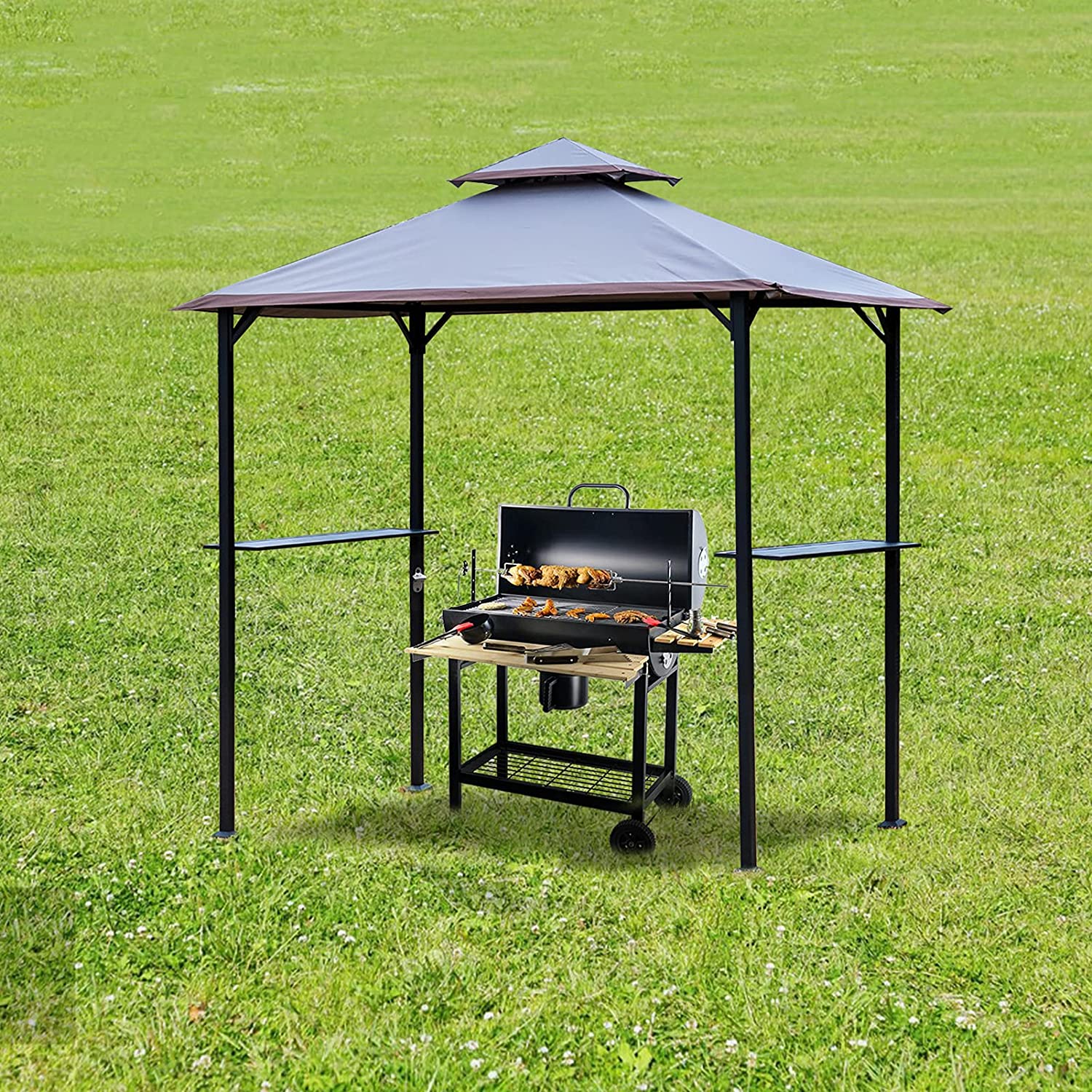 Warmally 8'x5' Grill Gazebo BBQ Patio Shelter Canopy for Outdoor Barbecue Tent Available at Night Dark Grey