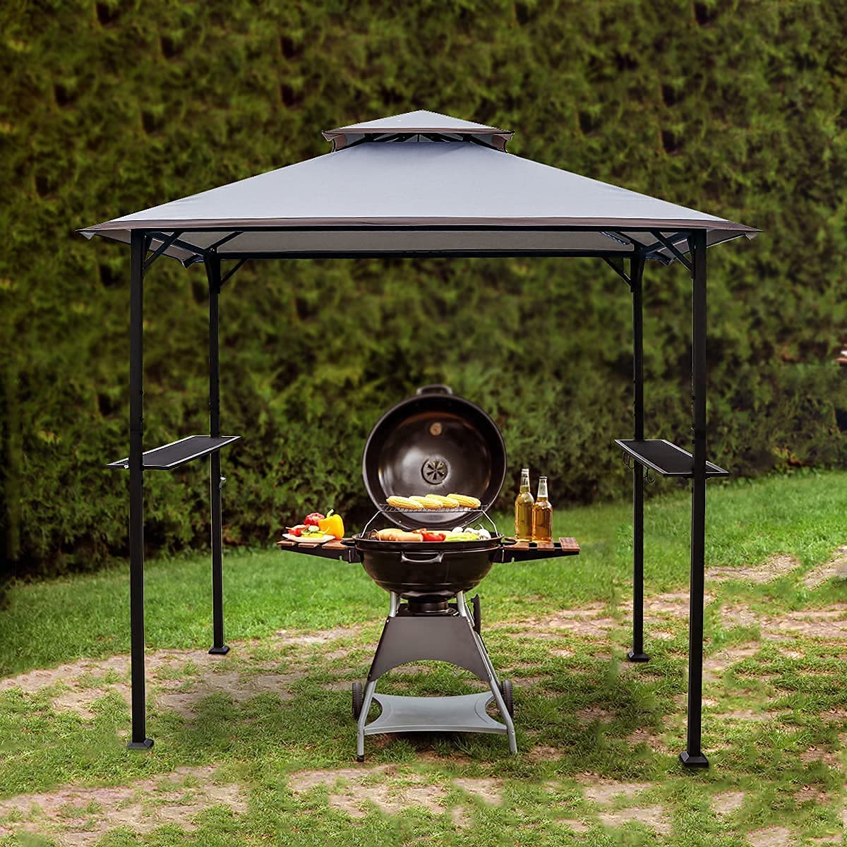 Warmally 8'x5' Grill Gazebo BBQ Patio Shelter Canopy for Outdoor Barbecue Tent Available at Night Dark Grey