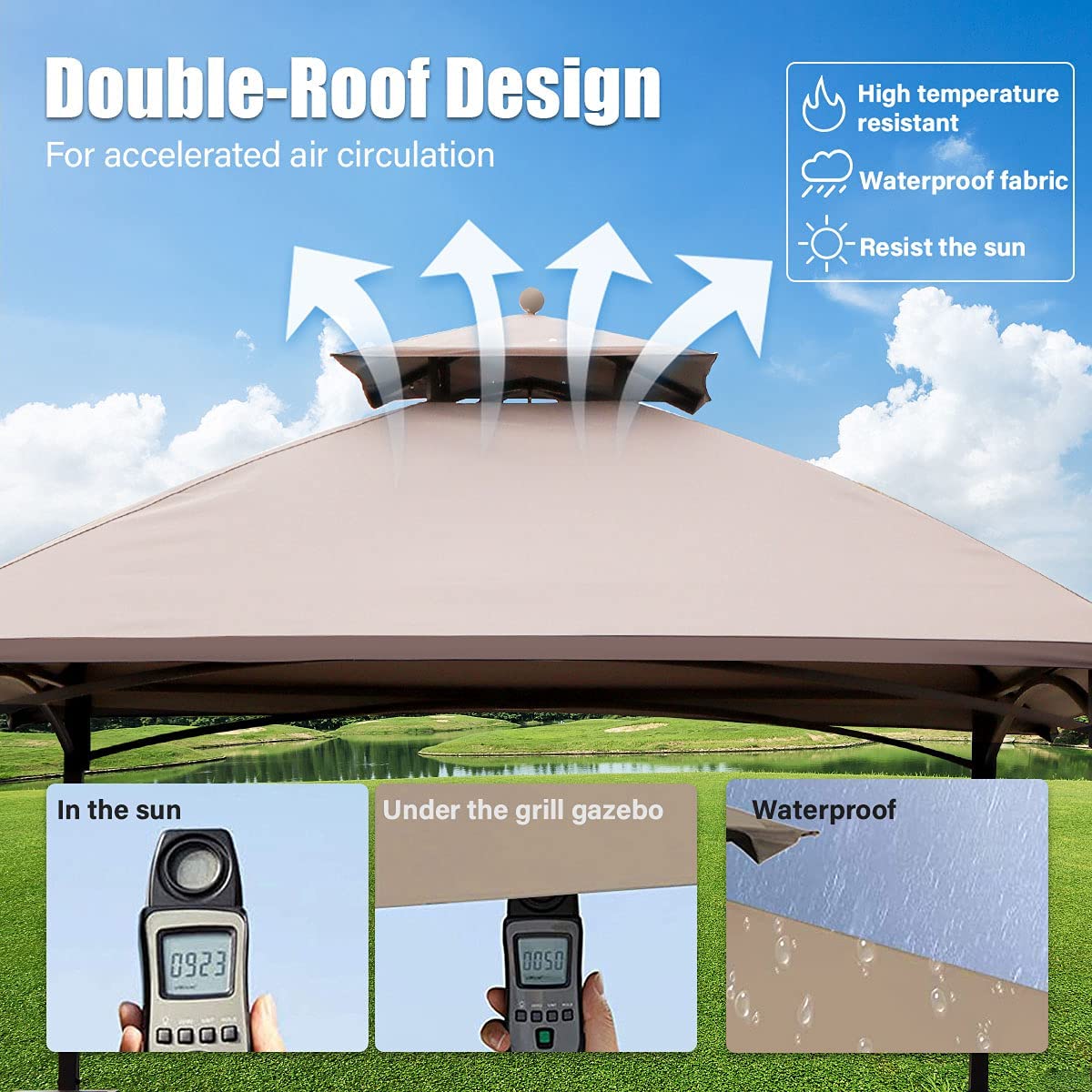 Warmally 8'x5' Grill Gazebo BBQ Patio Shelter Canopy for Outdoor Barbecue Tent Hooks Can Hang Lights Beige