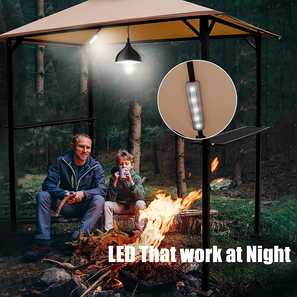 Warmally 8'x5' Grill Gazebo BBQ Patio Shelter Canopy for Outdoor Barbecue Tent Available at Night Beige