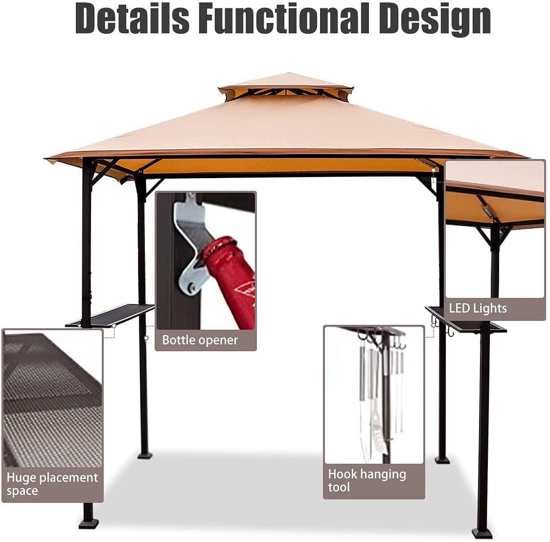 Warmally 8'x5' Grill Gazebo BBQ Patio Shelter Canopy for Outdoor Barbecue Tent Available at Night Beige