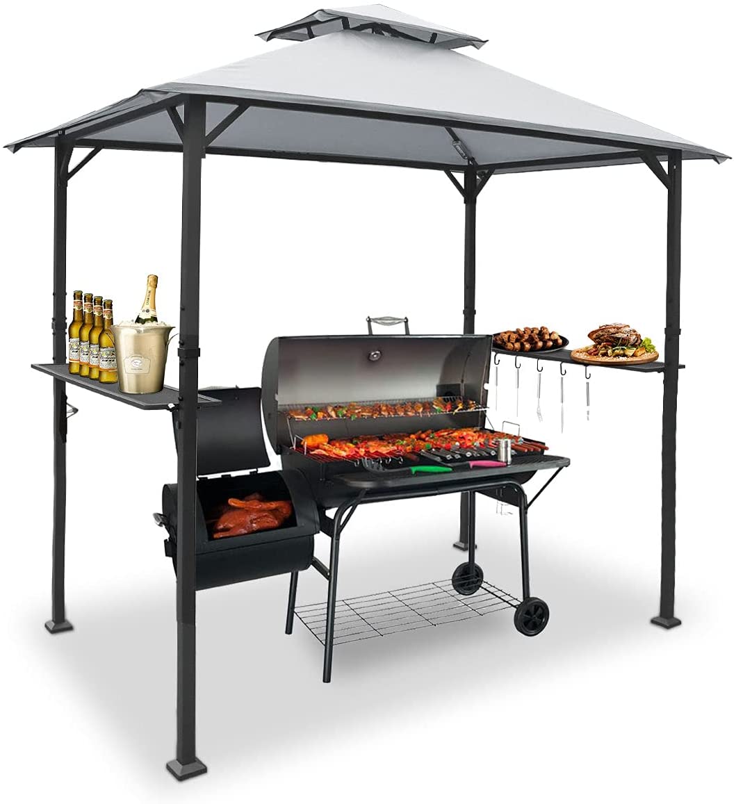 Warmally 8'x5' Grill Gazebo BBQ Patio Shelter Canopy for Outdoor Barbecue Tent Available at Night Light Gray