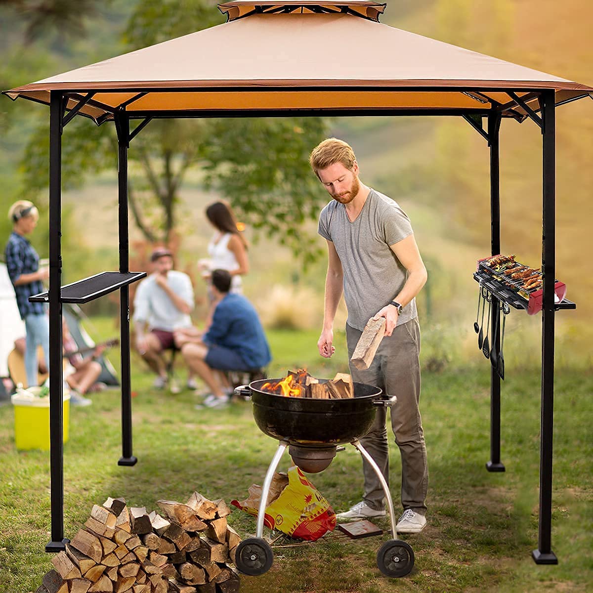 Warmally 8'x5' Grill Gazebo BBQ Patio Shelter Canopy for Outdoor Barbecue Tent Available at Night Beige