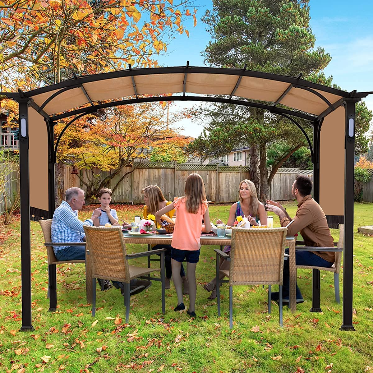 Warmally 10'x8' Pergola Patio Gazebo Kits Canopy Garden Outdoor Ventilation and Airflow Polyester Waterproof Arc Top with Bluetooth Beige