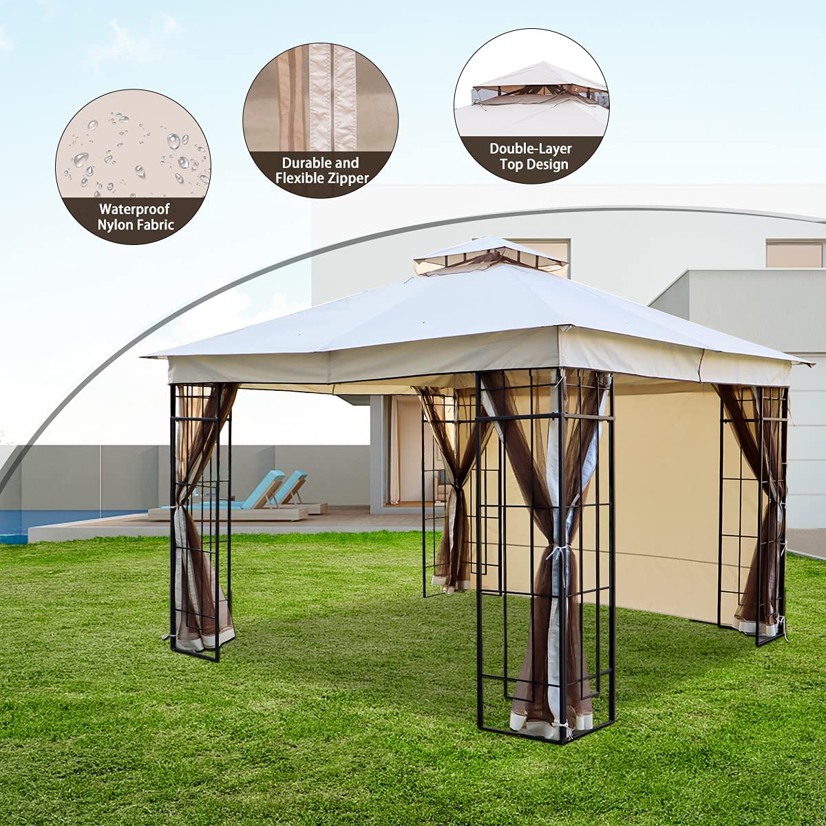Warmally 10'x10' Gazebo Patios Double Roof Canopy with Mosquito Netting for Shade and Rain Garden Party Camping Outdoor Cream