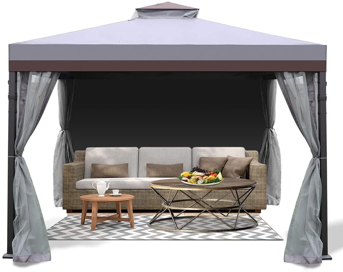 Warmally 10'x10' Gazebo Patios Double Roof Canopy with Mosquito Netting for Shade and Rain Garden Party Camping Outdoor Gray