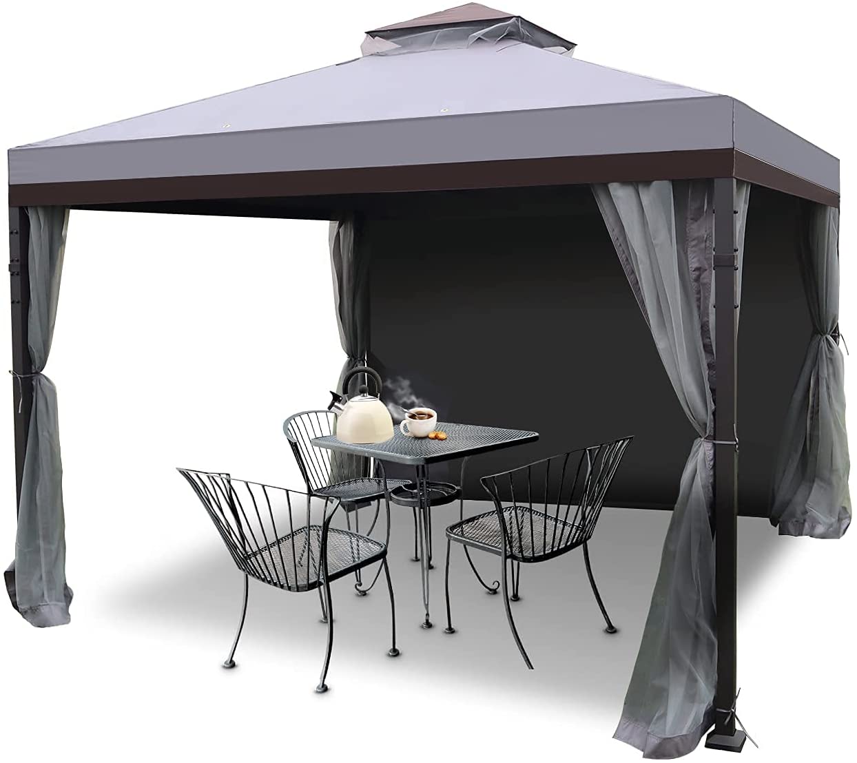 Warmally 10'x10' Gazebo Patios Double Roof Canopy with Mosquito Netting for Shade and Rain Garden Party Camping Outdoor Gray