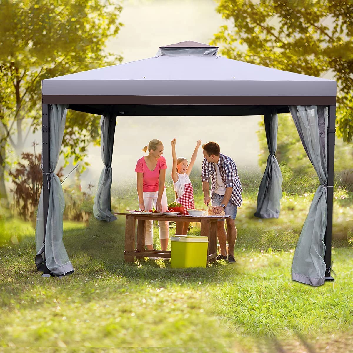 Warmally 10'x10' Gazebo Patios Double Roof Canopy with Mosquito Netting for Shade and Rain Garden Party Camping Outdoor Gray