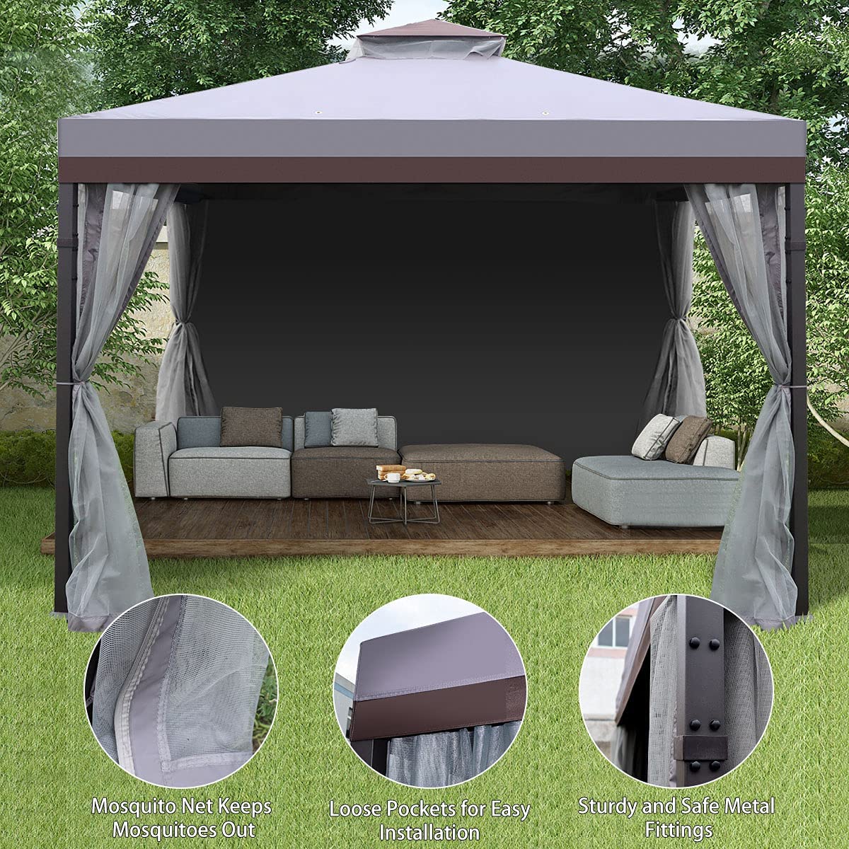 Warmally 10'x10' Gazebo Patios Double Roof Canopy with Mosquito Netting for Shade and Rain Garden Party Camping Outdoor Gray