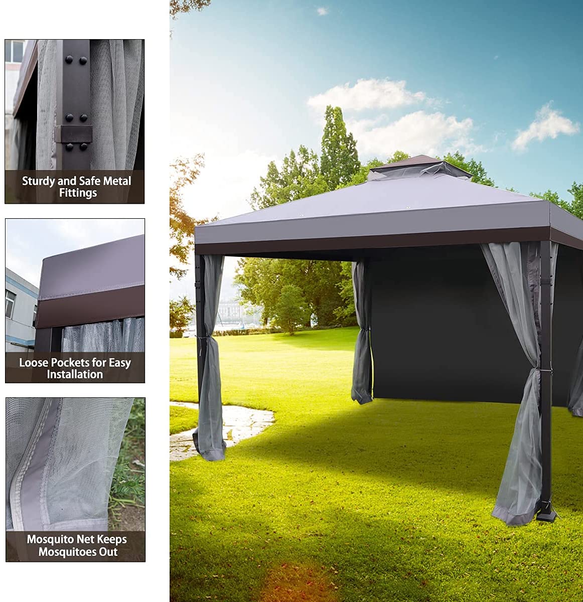 Warmally 10'x10' Gazebo Patios Double Roof Canopy with Mosquito Netting for Shade and Rain Garden Party Camping Outdoor Gray