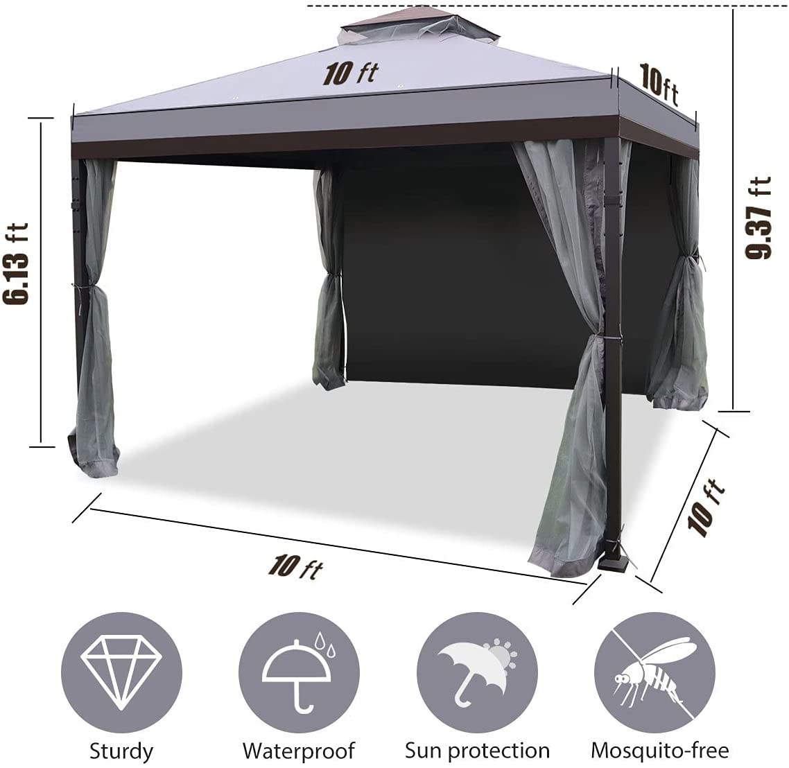 Warmally 10'x10' Gazebo Patios Double Roof Canopy with Mosquito Netting for Shade and Rain Garden Party Camping Outdoor Gray