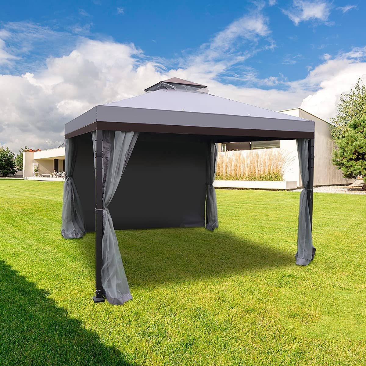 Warmally 10'x10' Gazebo Patios Double Roof Canopy with Mosquito Netting for Shade and Rain Garden Party Camping Outdoor Gray