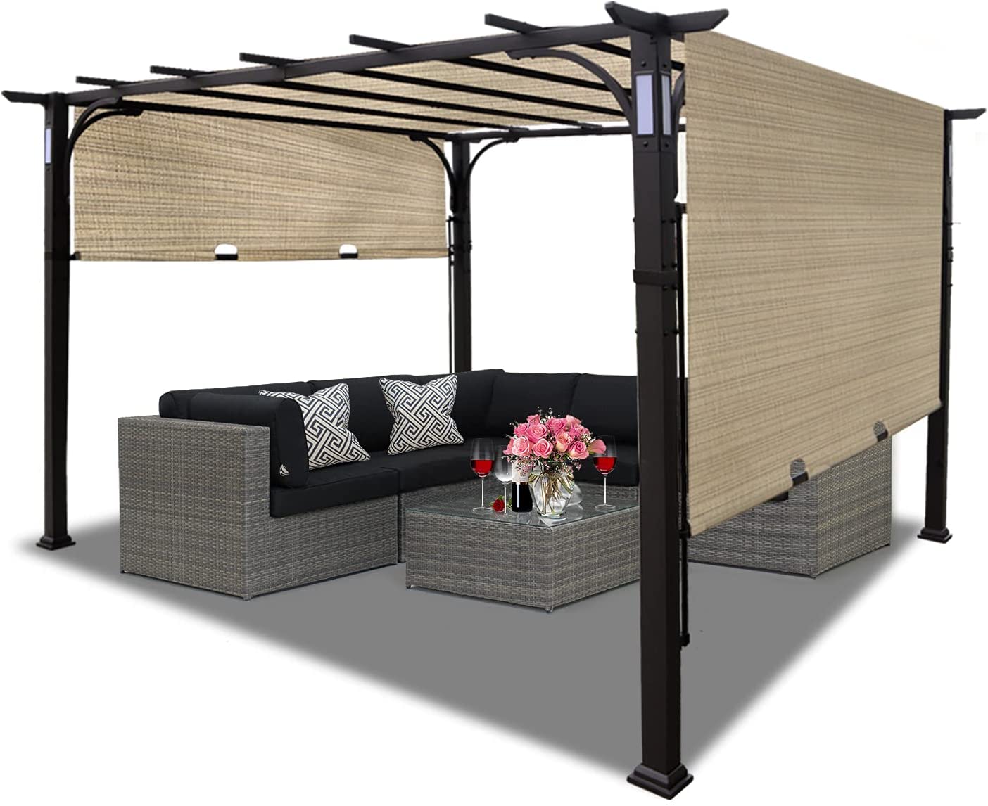 Warmally 10'x10' Pergola Patio Gazebo Kits Canopy Garden Outdoor Teslin Ventilation and Airflow UV Resistant Backyard Heavy Duty with Bluetooth Beige