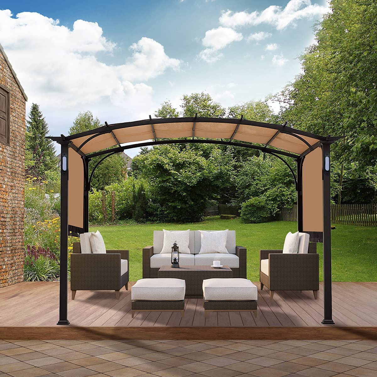 Warmally 10'x8' Pergola Patio Gazebo Kits Canopy Garden Outdoor Ventilation and Airflow Polyester Waterproof Arc Top with Bluetooth Beige