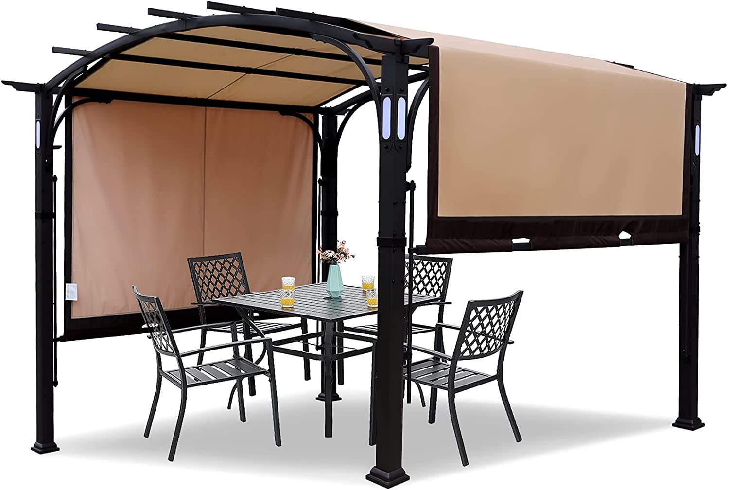 Warmally 10'x8' Pergola Patio Gazebo Kits Canopy Garden Outdoor Ventilation and Airflow Polyester Waterproof Arc Top with Bluetooth Beige