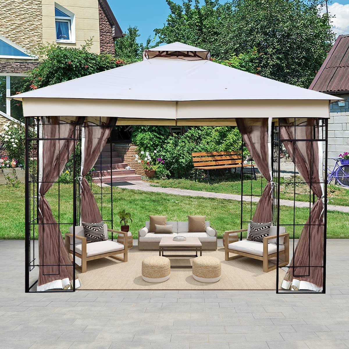 Warmally 10'x10' Gazebo Patios Double Roof Canopy with Mosquito Netting for Shade and Rain Garden Party Camping Outdoor Cream
