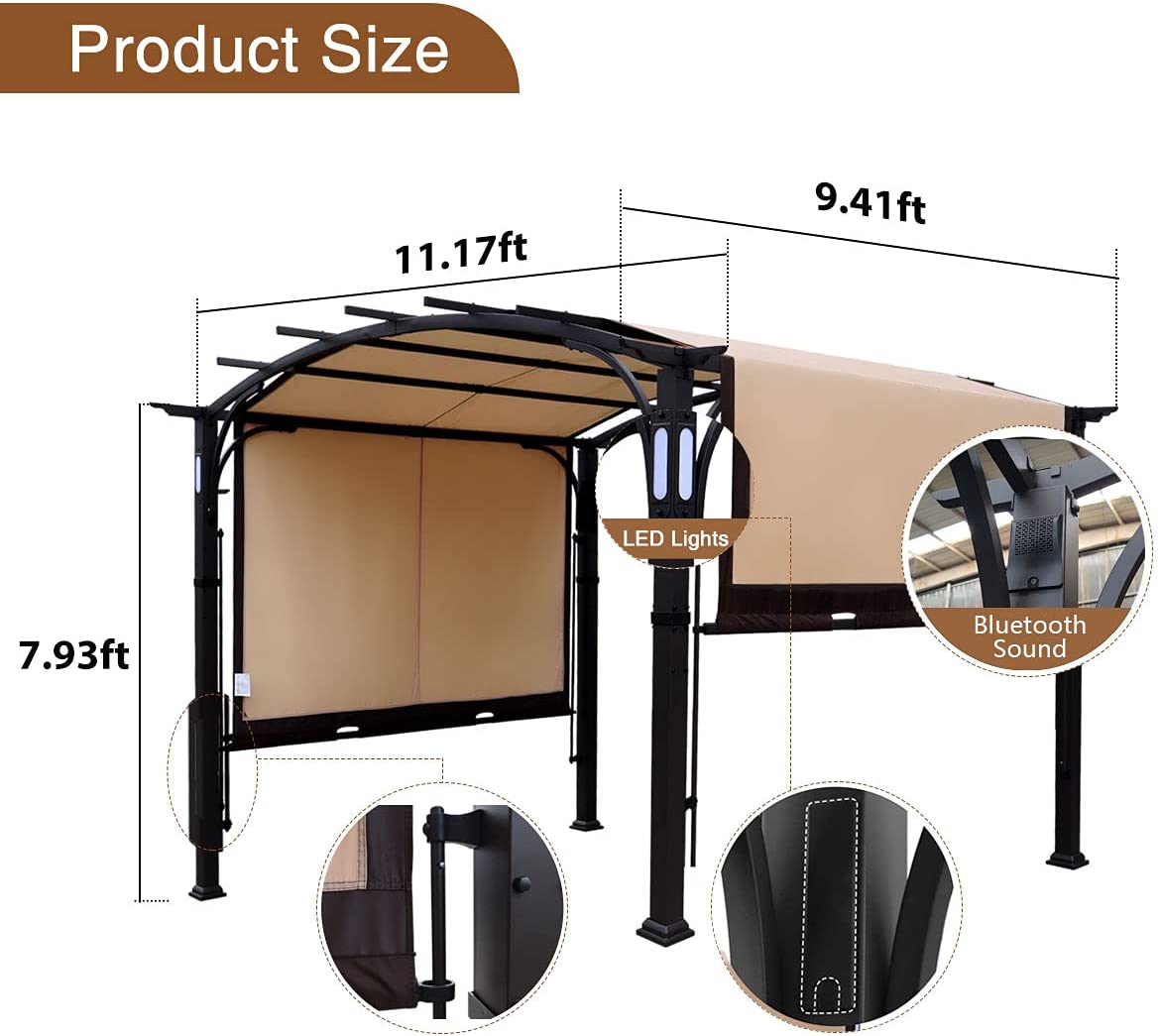 Warmally 10'x8' Pergola Patio Gazebo Kits Canopy Garden Outdoor Ventilation and Airflow Polyester Waterproof Arc Top with Bluetooth Beige