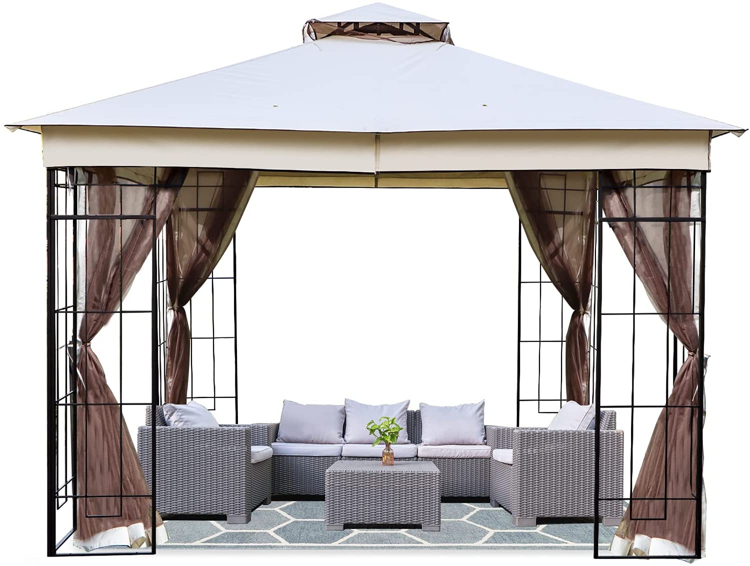 Warmally 10'x10' Gazebo Patios Double Roof Canopy with Mosquito Netting for Shade and Rain Garden Party Camping Outdoor Cream