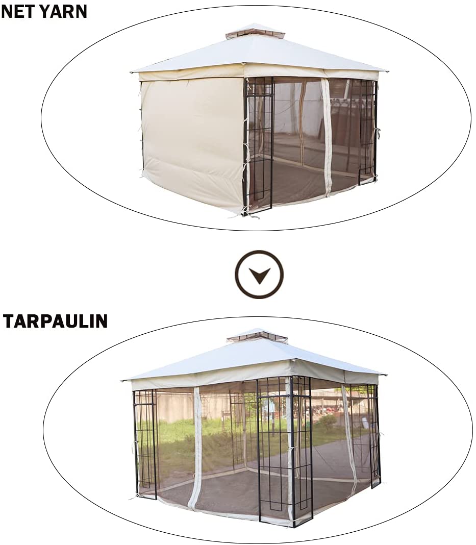 Warmally 10'x10' Gazebo Patios Double Roof Canopy with Mosquito Netting for Shade and Rain Garden Party Camping Outdoor Cream