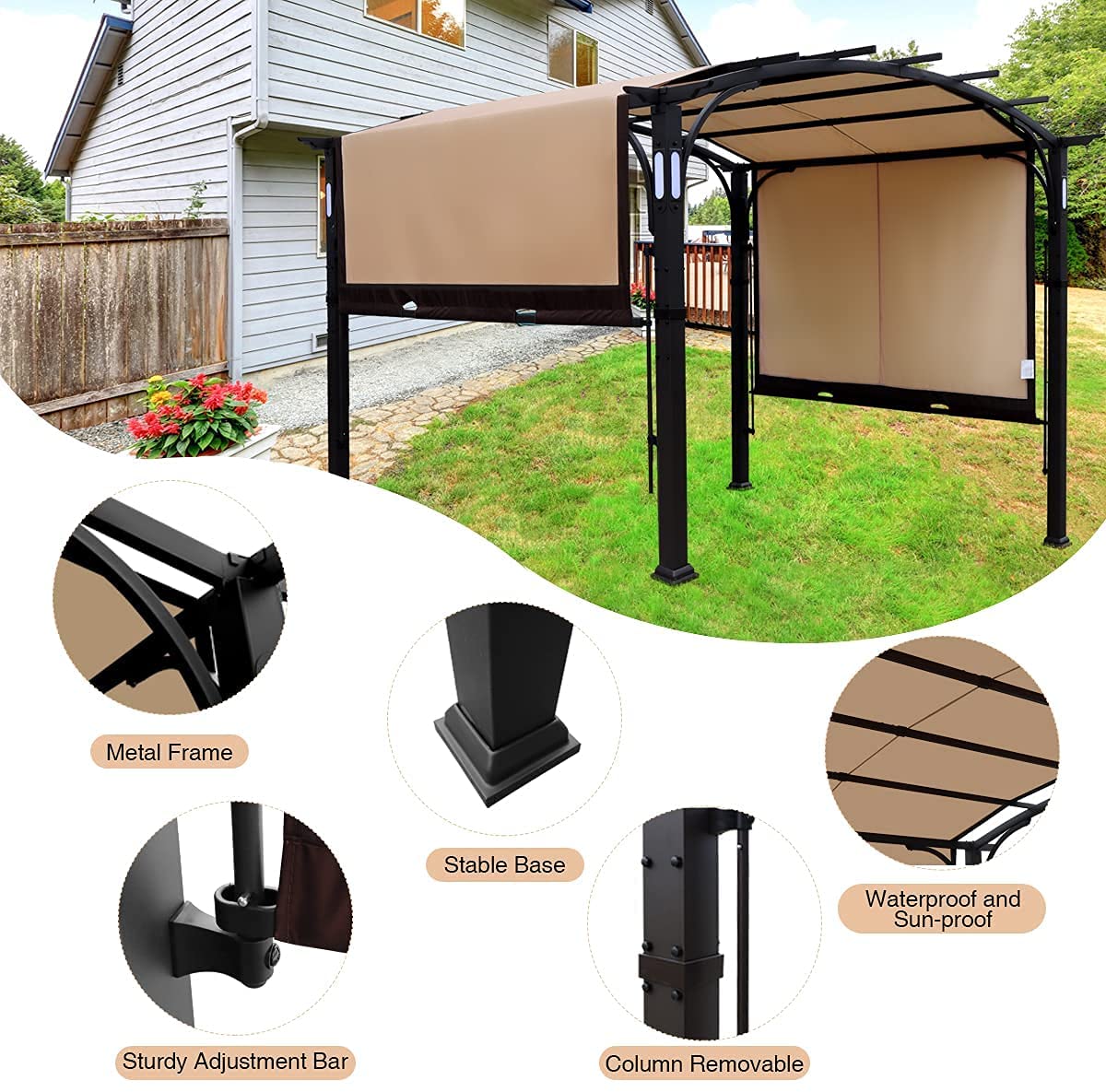 Warmally 10'x8' Pergola Patio Gazebo Kits Canopy Garden Outdoor Ventilation and Airflow Polyester Waterproof Arc Top with Bluetooth Beige