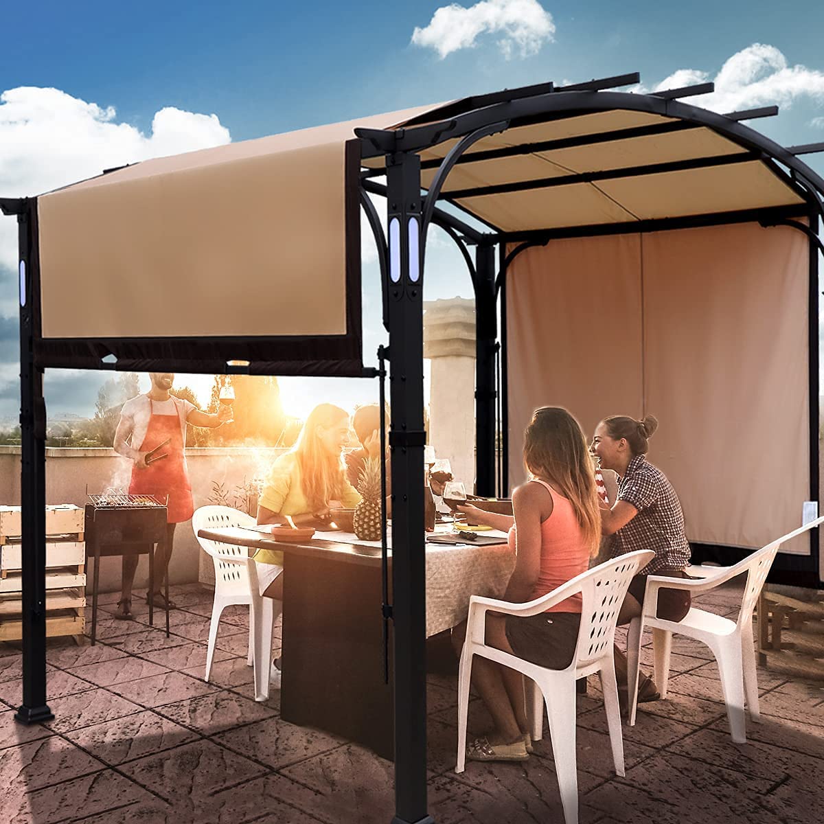 Warmally 10'x8' Pergola Patio Gazebo Kits Canopy Garden Outdoor Ventilation and Airflow Polyester Waterproof Arc Top with Bluetooth Beige