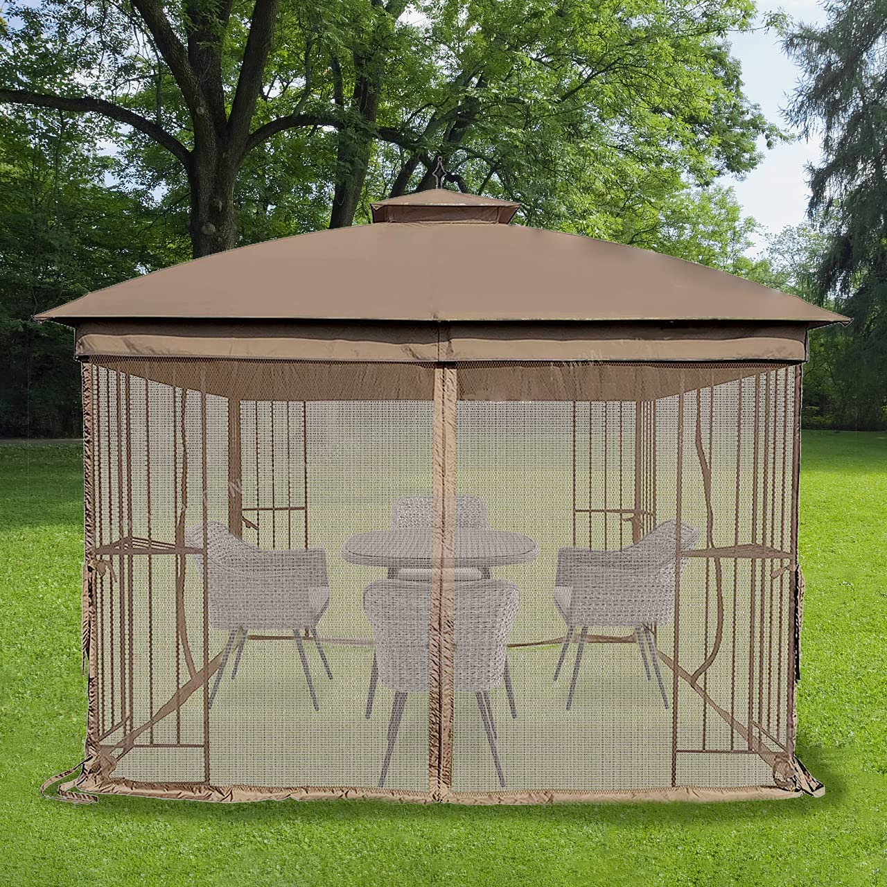 Warmally Replacement Mosquito Netting Mesh Sidewall Curtain with Zipper for 10’ x 12’ Gazebo Canopy Tent (Brown)