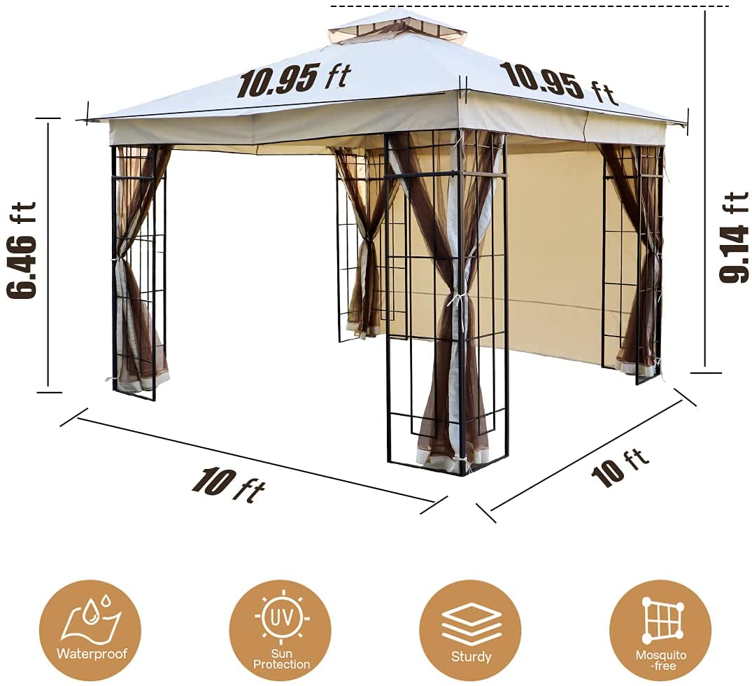 Warmally 10'x10' Gazebo Patios Double Roof Canopy with Mosquito Netting for Shade and Rain Garden Party Camping Outdoor Cream