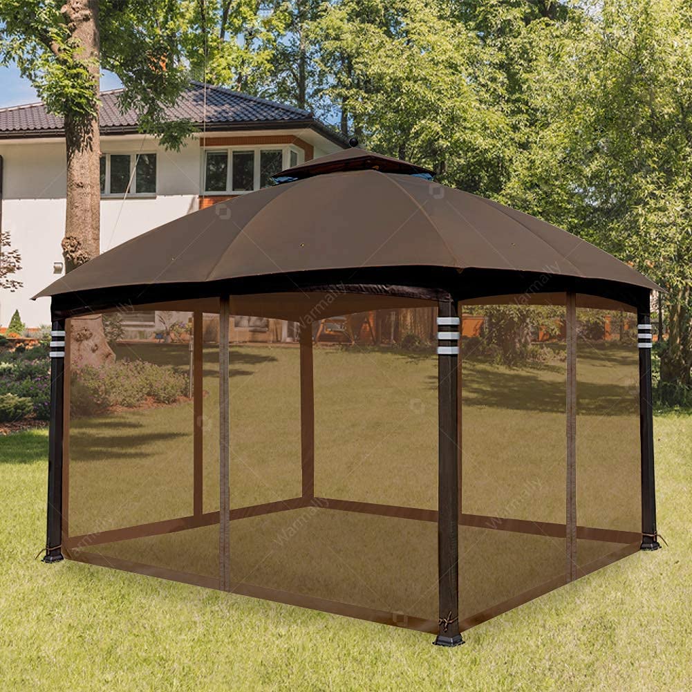 Warmally Replacement Mosquito Netting Mesh Sidewall Curtain with Zipper for 10’ x 12’ Gazebo Canopy Tent (Brown)